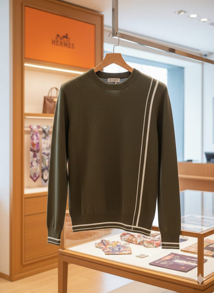 Men’s Olive green Designer Sweater with Contrast Stripe Detail