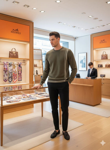 Men’s Olive green Designer Sweater with Contrast Stripe Detail