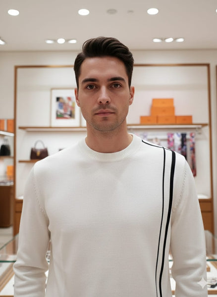 Men’s Navy Blue Premium Knit Sweater with Contrast Stripe Design