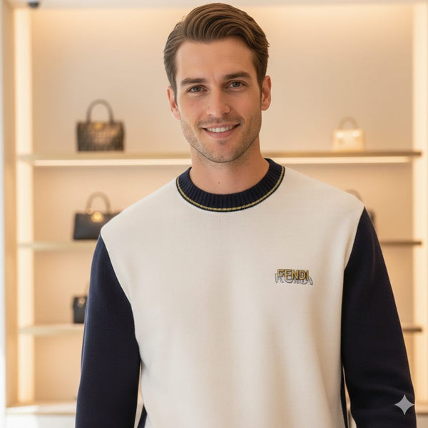 Men’s Premium White & Navy Color-Block Sweater