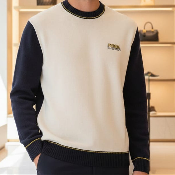 Men’s Premium White & Navy Color-Block Sweater
