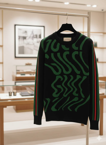 Designer-Style Black Knitted Sweatshirt with Bold Pattern