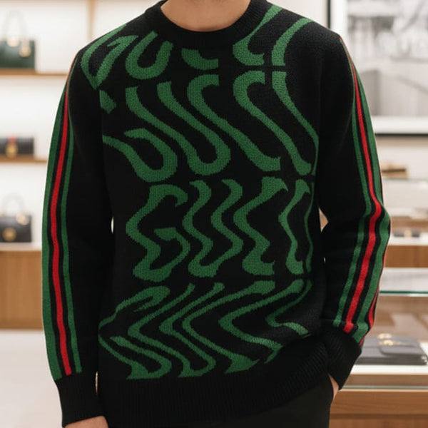 Designer-Style Black Knitted Sweatshirt with Bold Pattern