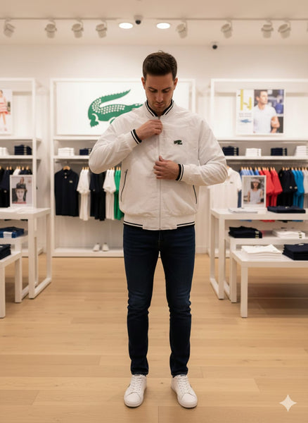 Classic White Zip-Up Men’s Jacket with Sporty Ribbed Finish