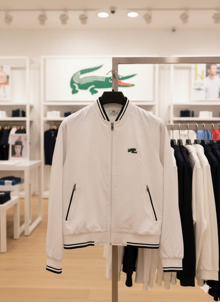 Classic White Zip-Up Men’s Jacket with Sporty Ribbed Finish