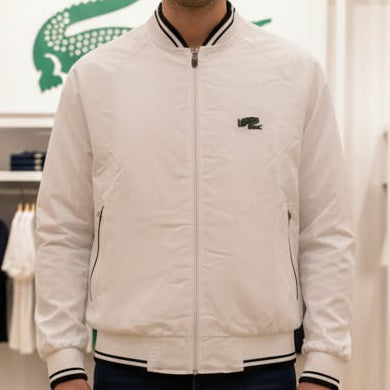 Classic White Zip-Up Men’s Jacket with Sporty Ribbed Finish