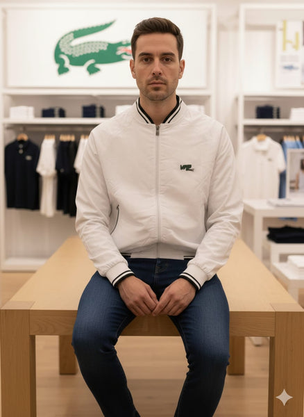 Classic White Zip-Up Men’s Jacket with Sporty Ribbed Finish