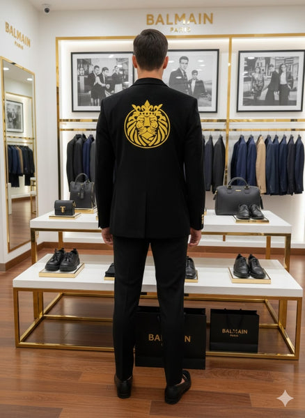 Luxury Black Men’s Blazer with Royal Gold Emblem Detail