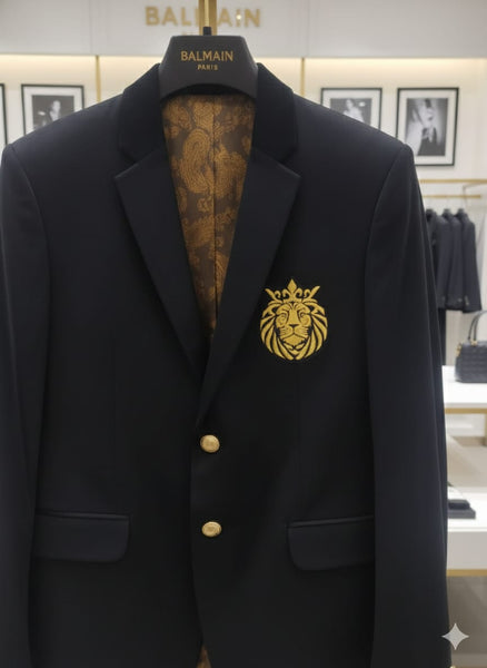 Luxury Black Men’s Blazer with Royal Gold Emblem Detail