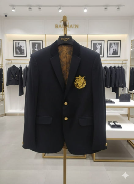 Luxury Black Men’s Blazer with Royal Gold Emblem Detail