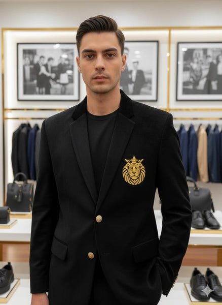 Luxury Black Men’s Blazer with Royal Gold Emblem Detail