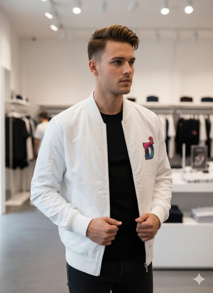 Stylish White Men’s Zip-Up Bomber Jacket with Logo Patch
