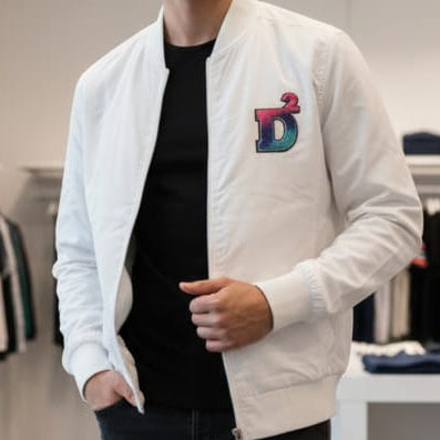 Stylish White Men’s Zip-Up Bomber Jacket with Logo Patch