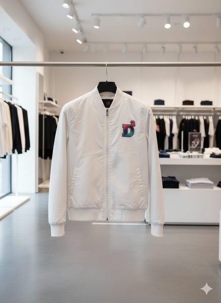 Stylish White Men’s Zip-Up Bomber Jacket with Logo Patch