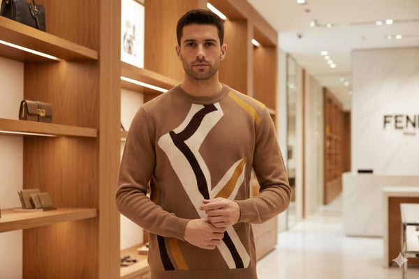 Luxury Beige Men’s Pullover with Modern Abstract Pattern