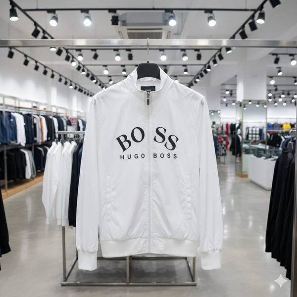 Stylish White Men’s Zip-Up Jacket with Bold Logo Print