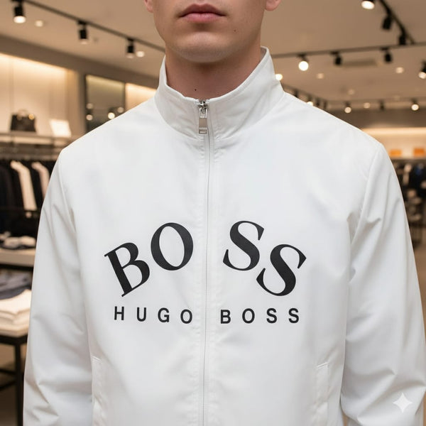 Stylish White Men’s Zip-Up Jacket with Bold Logo Print