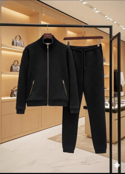 Luxury Black Women’s Tracksuit Set with Embossed Pattern