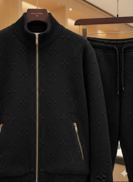 Luxury Black Women’s Tracksuit Set with Embossed Pattern
