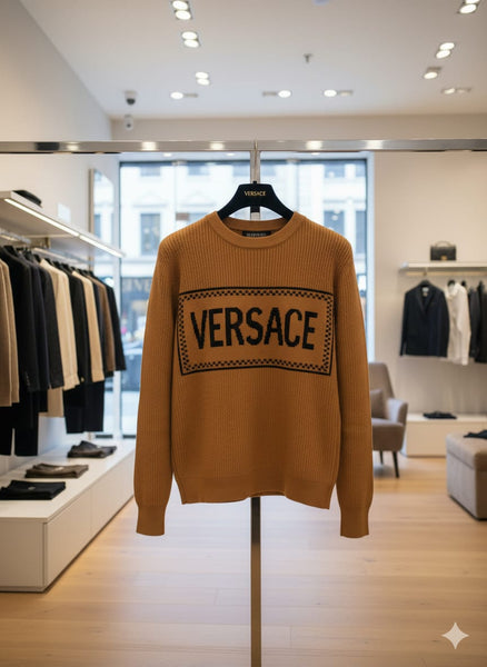 Stylish Brown Knit Pullover  with Bold Logo Design