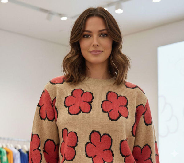 Beige Floral Knit Sweater with Bold Red Flower Print