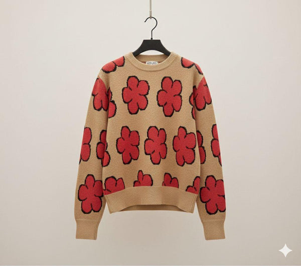 Beige Floral Knit Sweater with Bold Red Flower Print