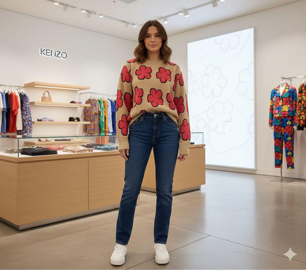 Beige Floral Knit Sweater with Bold Red Flower Print