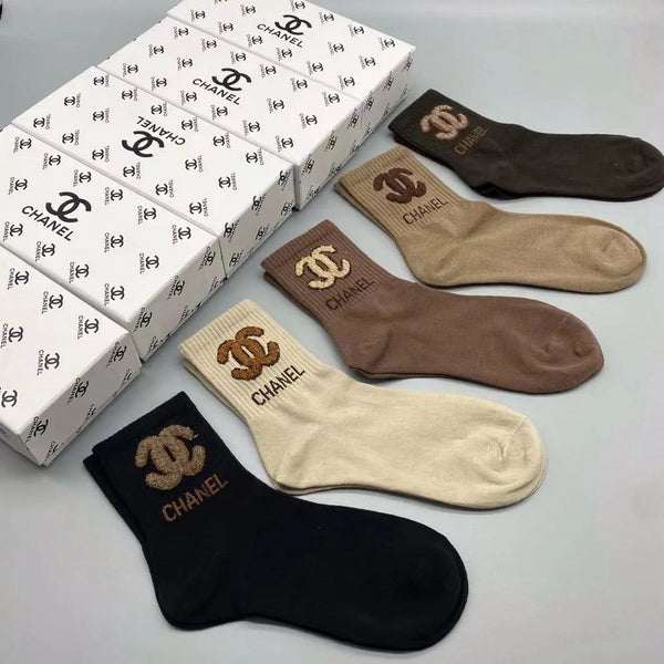 Luxury Designer-Style Cotton Crew Socks Premium Logo Pattern (Pack of 5)