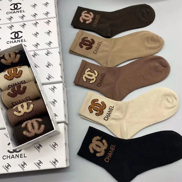 Luxury Designer-Style Cotton Crew Socks Premium Logo Pattern (Pack of 5)