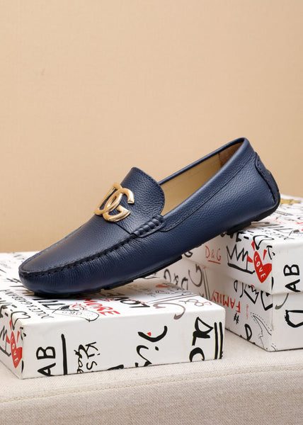 Men’s Navy Blue Leather Slip-On Loafers with Metal Logo Premium Comfort Shoes