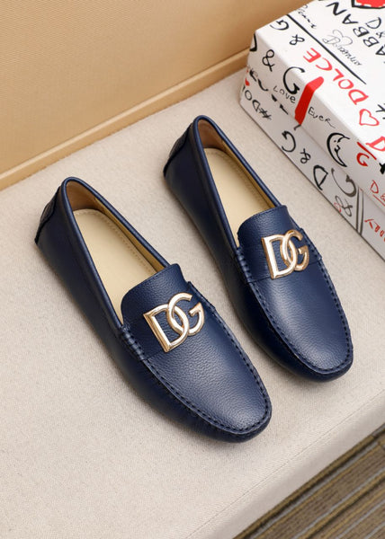 Men’s Navy Blue Leather Slip-On Loafers with Metal Logo Premium Comfort Shoes