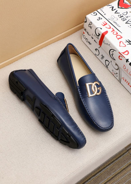 Men’s Navy Blue Leather Slip-On Loafers with Metal Logo Premium Comfort Shoes