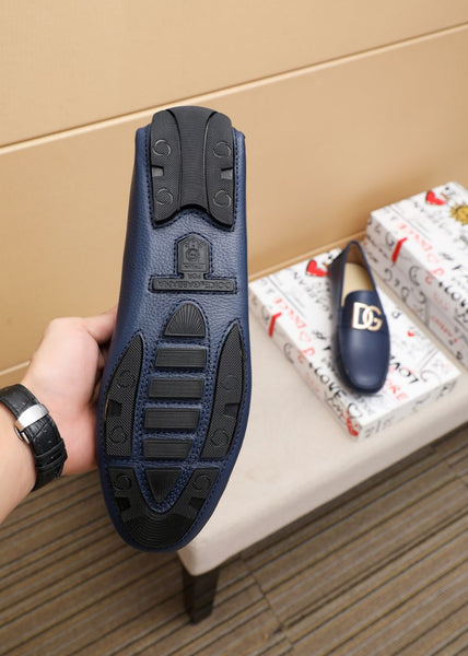 Men’s Navy Blue Leather Slip-On Loafers with Metal Logo Premium Comfort Shoes