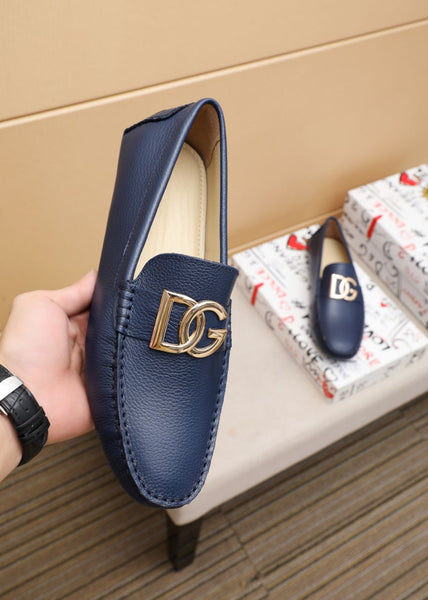 Men’s Navy Blue Leather Slip-On Loafers with Metal Logo Premium Comfort Shoes