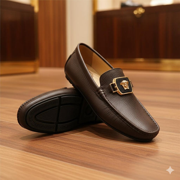 Men’s Leather Slip-On Loafers with Gold Metal Detail Luxury Formal Shoes