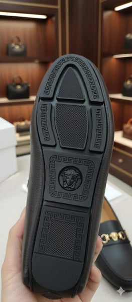 Men’s Black Leather Luxury Slip-On Loafers with Gold Emblem Elegant Formal Shoes