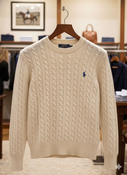 Premium Classic Polo Cable Knit Crew Neck  Pullover For Women