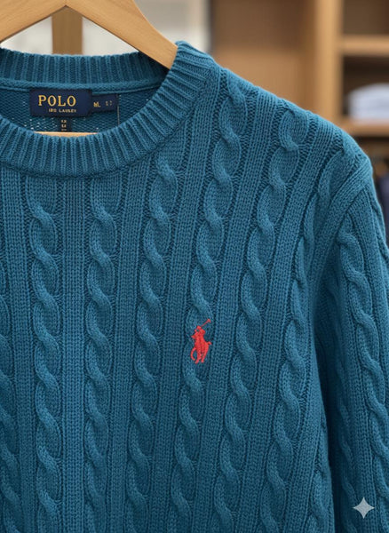 Classic Polo Cable Knit Crew Neck Sweater Premium Winter Essential