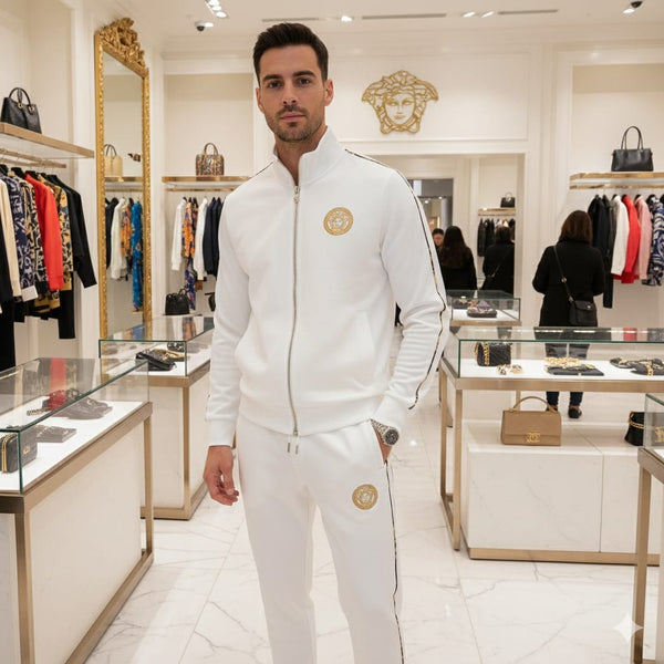Premium White Tracksuit Iconic Gold Medusa Style