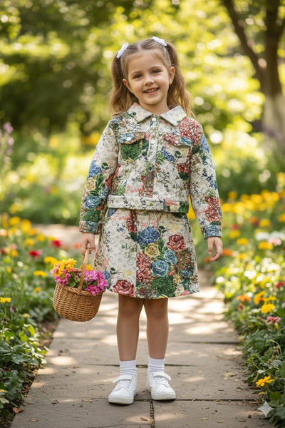 Girls Floral Jacket & Skirt Set  Cute Printed Outfit for Kids