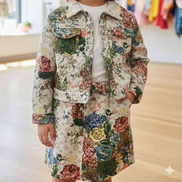 Girls Floral Jacket & Skirt Set  Cute Printed Outfit for Kids