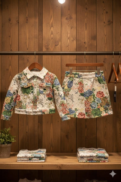 Girls Floral Jacket & Skirt Set  Cute Printed Outfit for Kids