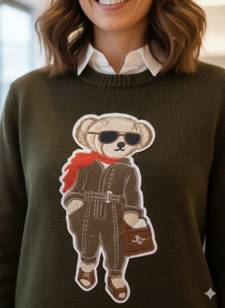 Stylish Teddy Bear Graphic Crew Neck Pullover