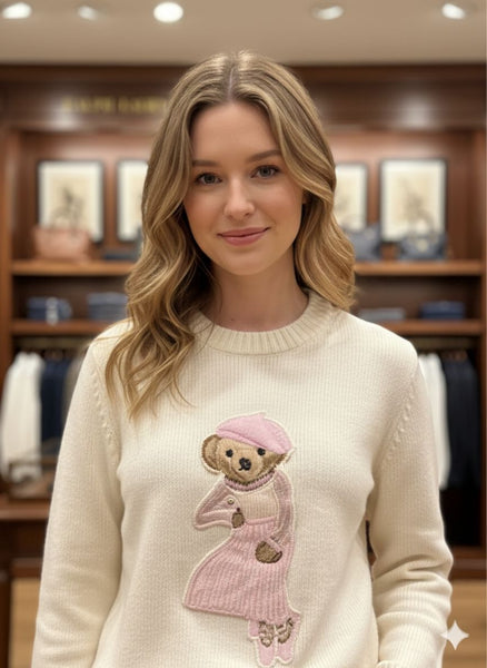 Women’s Cream Knit Sweater with Cute Teddy Embroidery