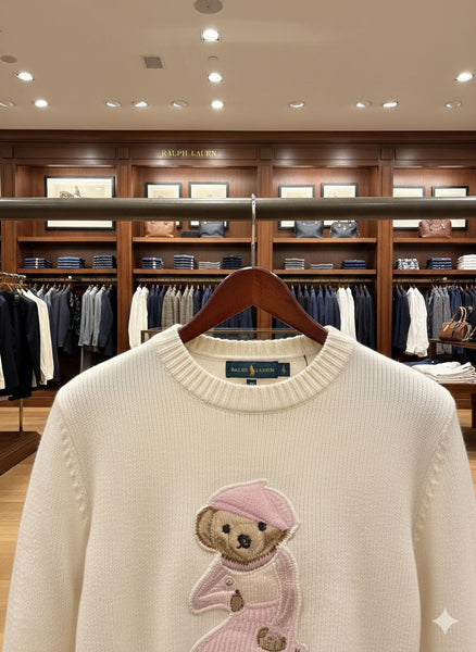 Women’s Cream Knit Sweater with Cute Teddy Embroidery