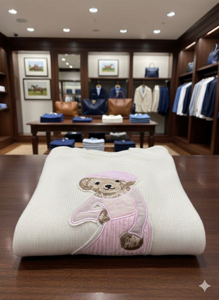 Women’s Cream Knit Sweater with Cute Teddy Embroidery