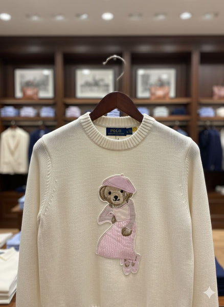 Women’s Cream Knit Sweater with Cute Teddy Embroidery