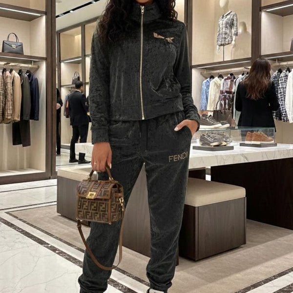 Luxury Dark Grey Zip-Up Tracksuit Set