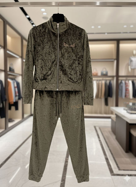 Women’s Luxury Olive Velvet Tracksuit Set