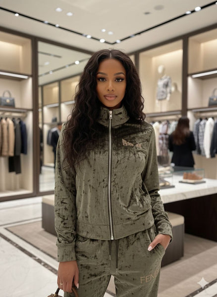 Women’s Luxury Olive Velvet Tracksuit Set